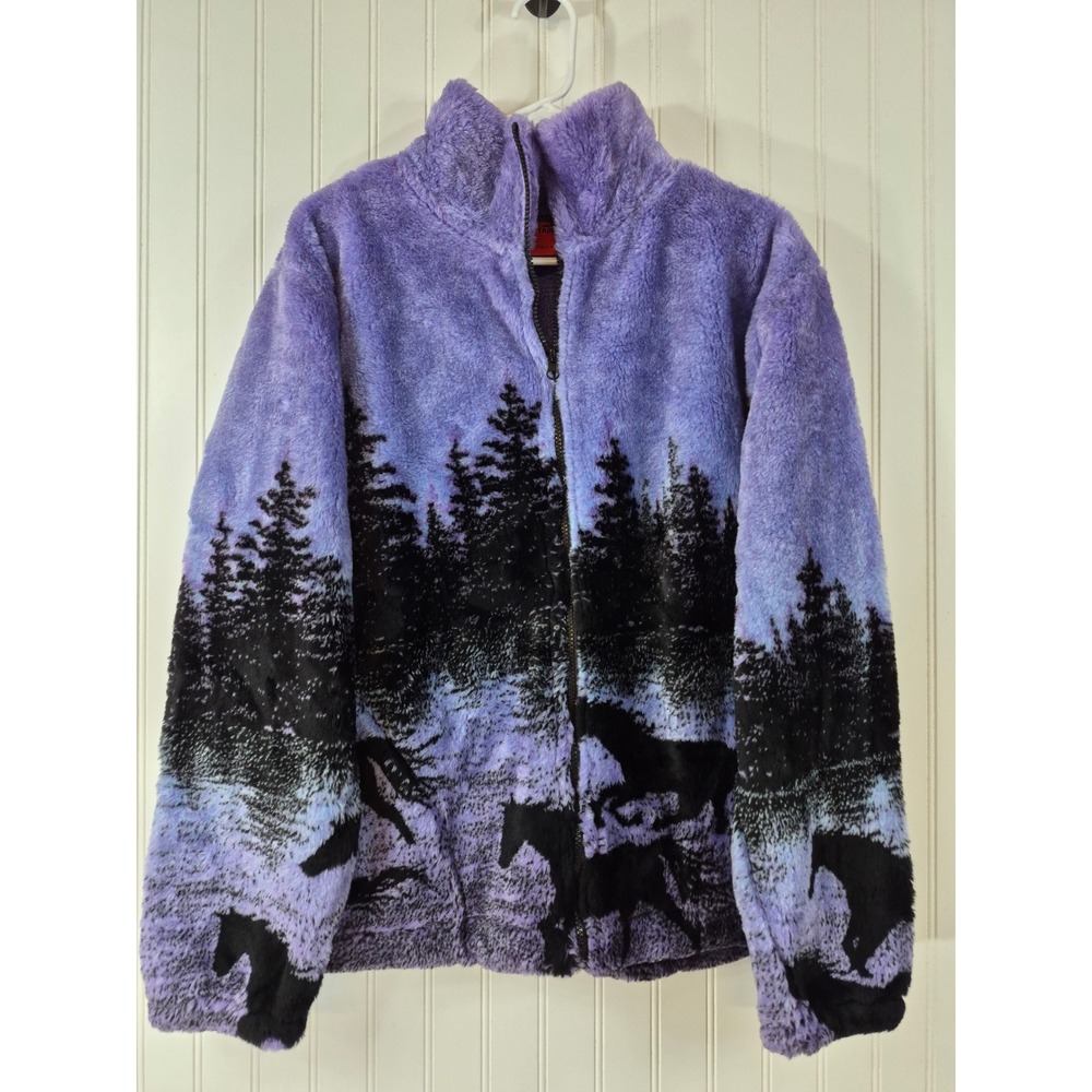 Black Mountain Purple Horse Scenic Fleece Jacket Women Large USA Zip Up Outdoor